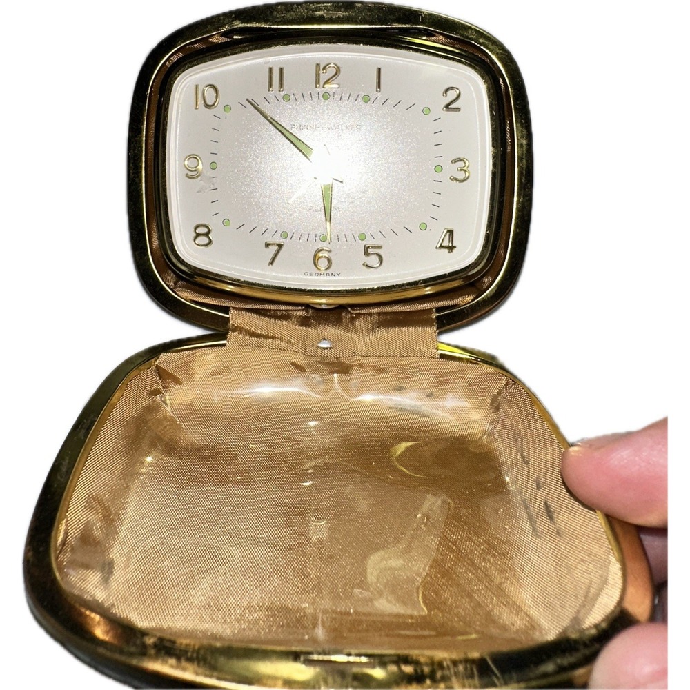 Phinney Walker Wind Up Travel Alarm Clock Germany Leather‎ Case Folds Up Germany